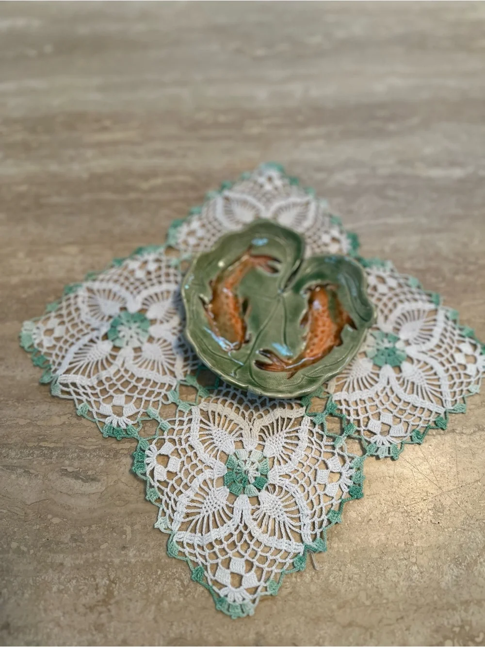 Handcrafted Green Ceramic Koi Dish Trinket with Orange Fish Design